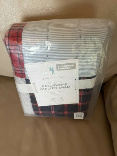 Pottery barn Varsity Sport pillow cover Sham plaid red blue stripe gift patch - Fresh Stock Dated December 2025