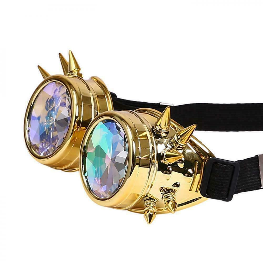 Kaleidoscope Steampunk Goggles Crystal Lens Adjustable Party Glasses Gold Spikes - Fresh Stock Dated December 2025