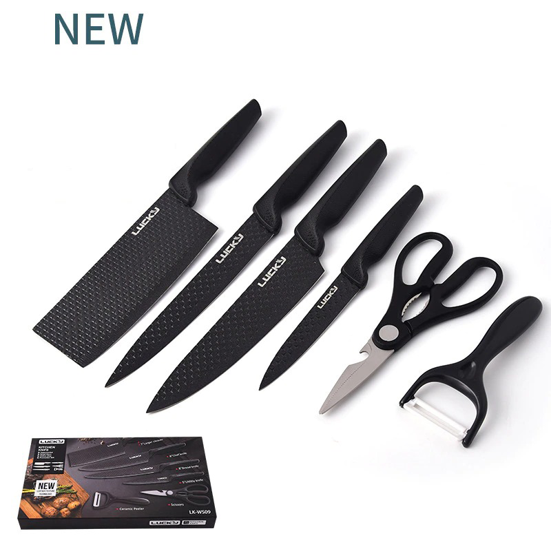 6PCS Chef Knives Set Black Blade Paring Utility Kitchen Slicing Bread Cooking - Fresh Stock Dated December 2025