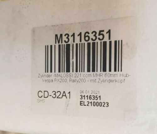 Zylinder -MALOSSI 221 ccm MHR 60mm Hub-Vespa PX200, Rally200 - mit Zylinderkopf - Fresh Stock Dated February 2026
