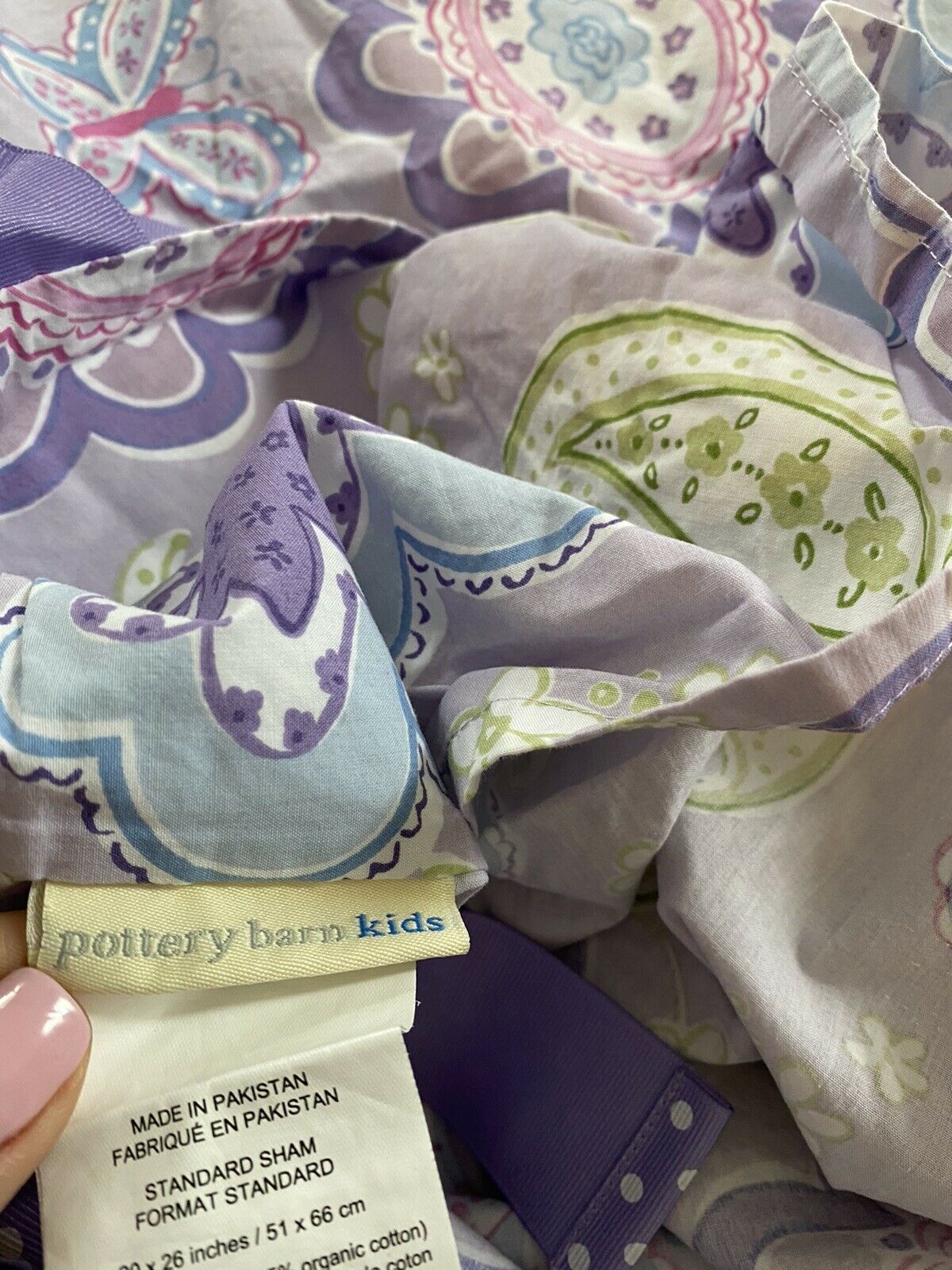 PAIR Purple Flowered Paisley Ribbon Tie Pottery Barn Kids Standard Cotton Shams - Fresh Stock Dated December 2025