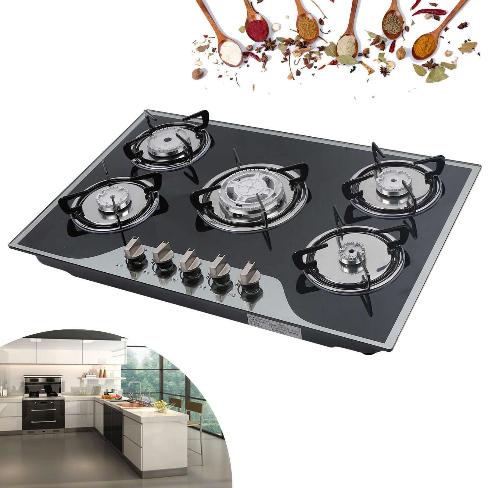 5 Burners Gas Hobs Built-in Kitchen Cooker Stove Cooktop LPG/NG Tempered Glass - Fresh Stock Dated February 2026