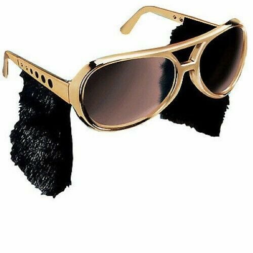 Elvis Sunglasses W/ Attached Sideburns Gold Plastic Frame Shaded Costume Glasses - Fresh Stock Dated February 2026