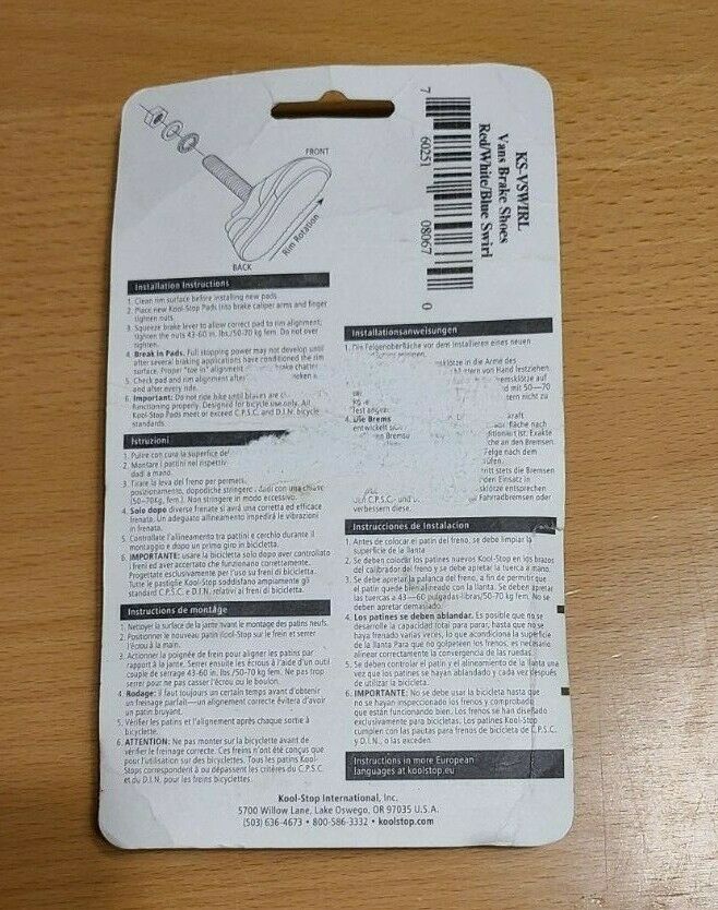 Kool Stop BMX Vans Brake Pads Pair Red/White/Blue Swirl NIP - Fresh Stock Dated February 2026