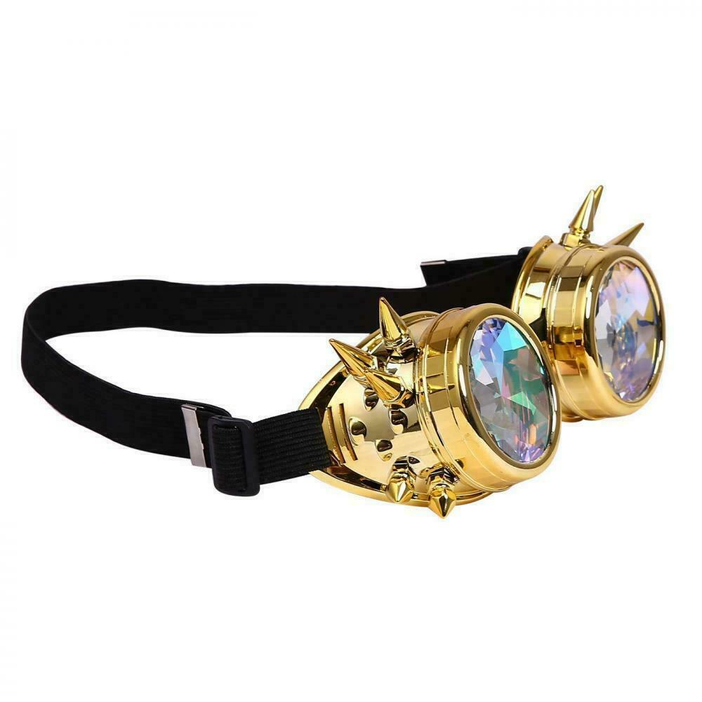 Kaleidoscope Steampunk Goggles Crystal Lens Adjustable Party Glasses Gold Spikes - Fresh Stock Dated December 2025