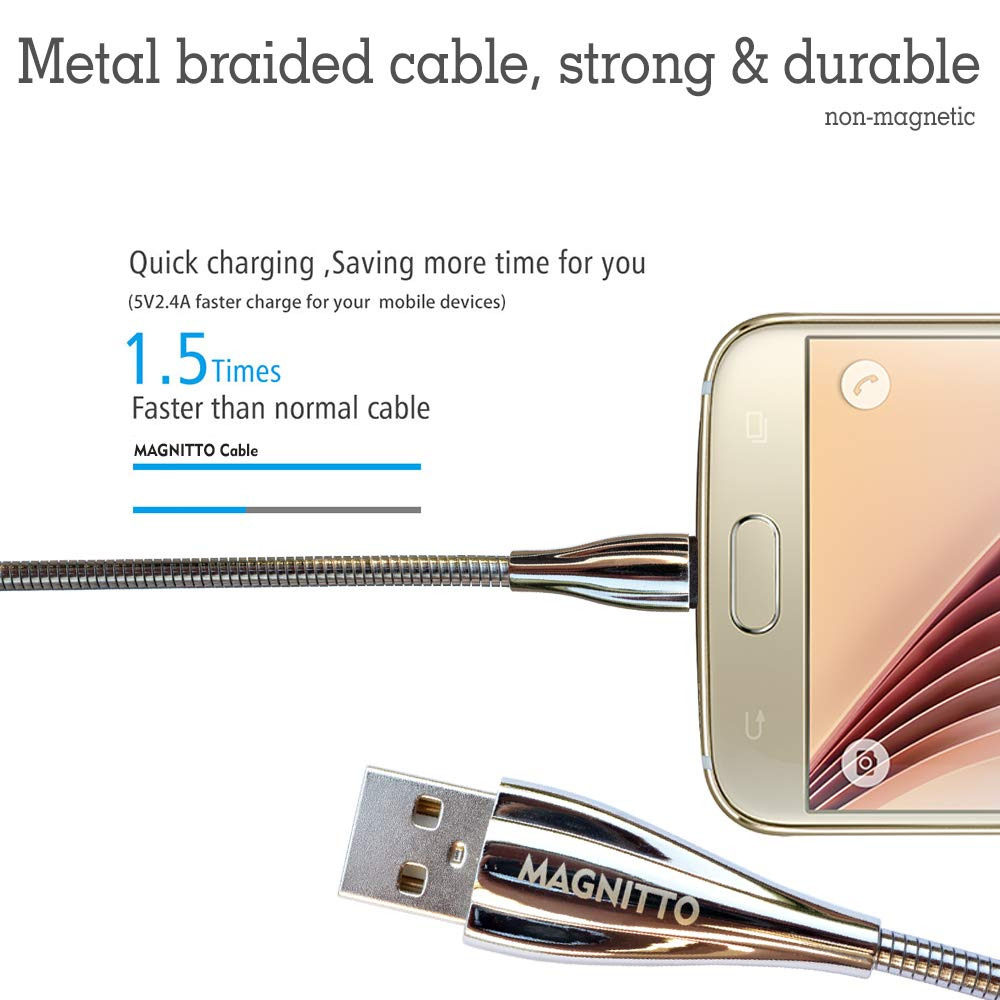Micro USB Cable, MAGNITTO Zinc Alloy Metal Braided Extra 1 pack Silver 3.3ft - Fresh Stock Dated February 2026