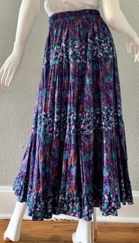 Vintage 70s Purple Hippie Festival BOHO Floral Paisley Tiered Maxi Skirt S/M - Fresh Stock Dated February 2026