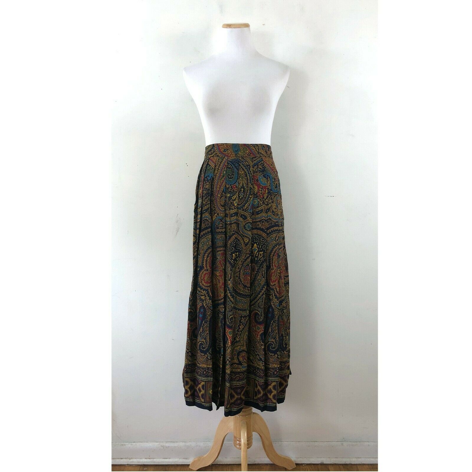 Vintage Pleated Midi Skirt 1970s Paisley Print Knife Pleats Size M/L 31