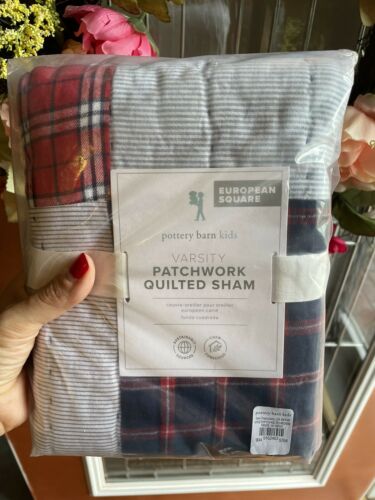 Pottery barn Varsity Sport pillow cover Sham plaid red blue stripe gift patch - Fresh Stock Dated December 2025