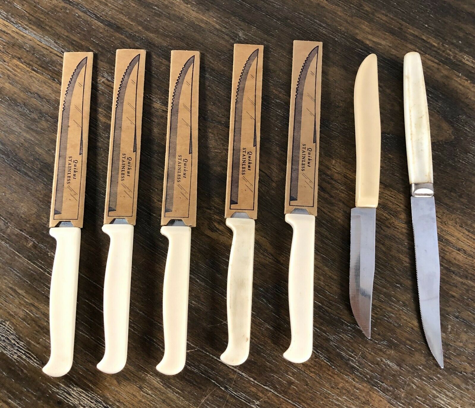 5 Vintage QUIKUT Stainless USA Steak Knives Ivory Colored Handle + 2 Others - Fresh Stock Dated January 2026