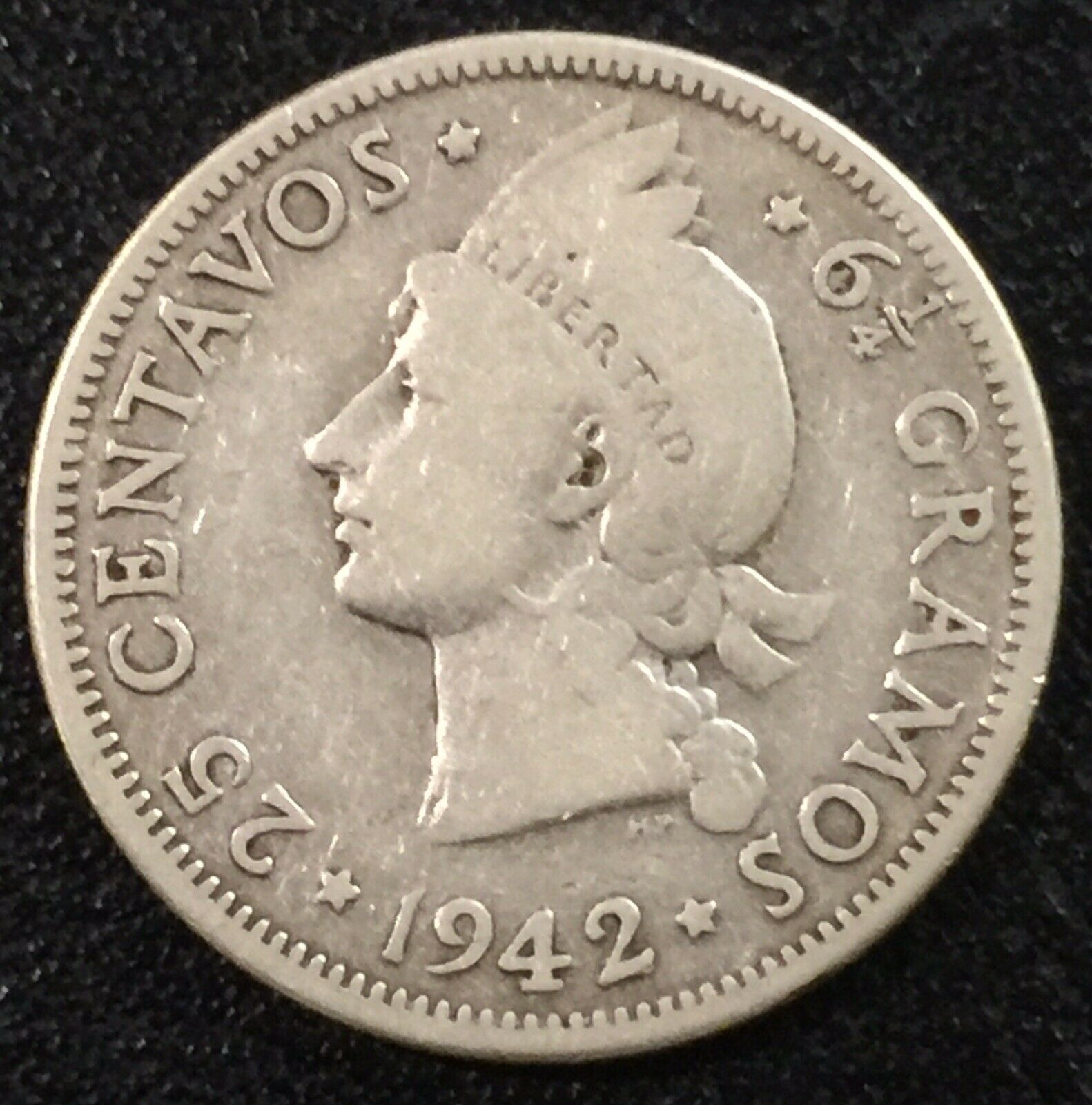 Dominican Republic 25 Centavos 1942 Philadelphia Mint Princess WWII - Fresh Stock Dated December 2025
