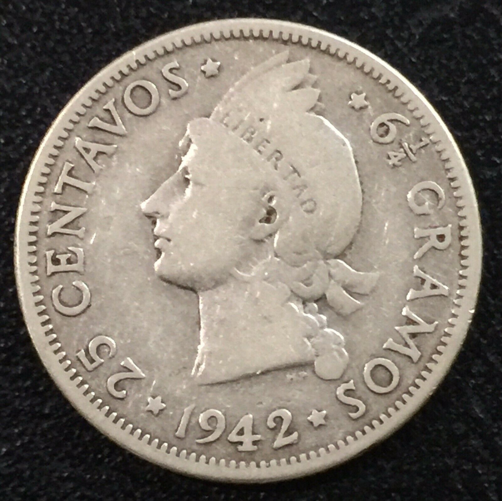 Dominican Republic 25 Centavos 1942 Philadelphia Mint Princess WWII - Fresh Stock Dated December 2025