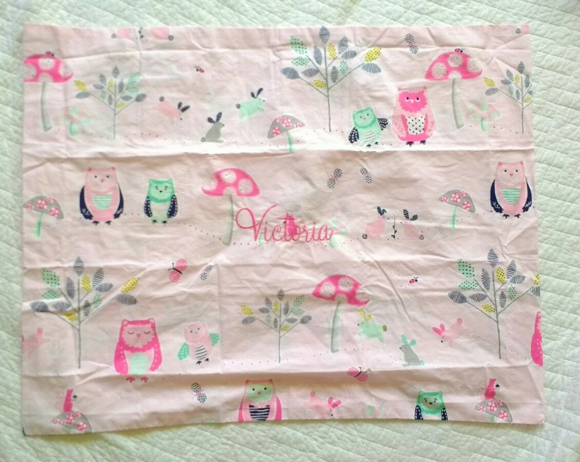 New! Pottery Barn Girls Kids pink mushroom owl Pillow Sham monogram VICTORIA - Fresh Stock Dated February 2026