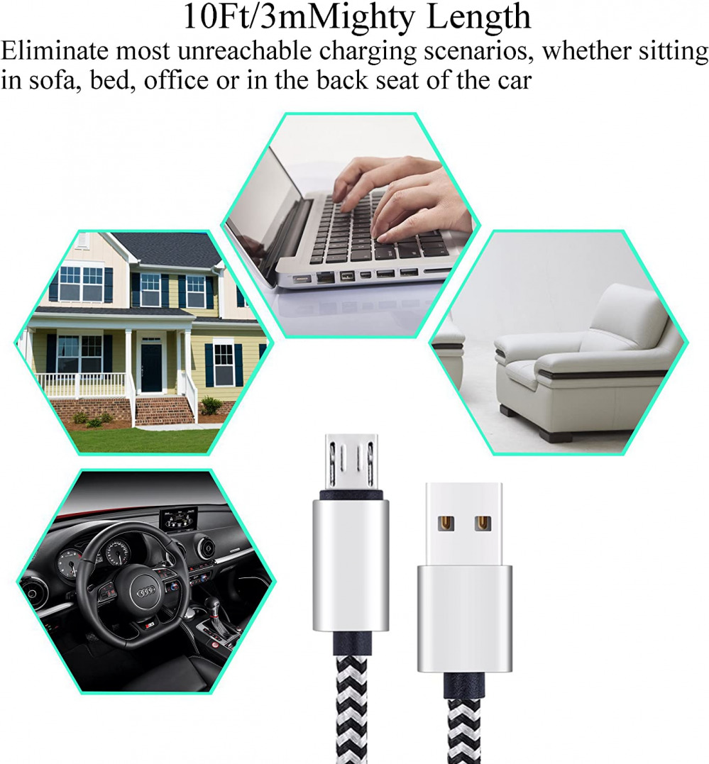 Micro USB Cable 10ft 3Pack by Ailun High Speed 2.0 A Male to 10ft, Silver - Fresh Stock Dated February 2026