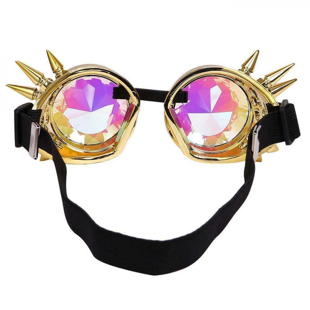 Kaleidoscope Steampunk Goggles Crystal Lens Adjustable Party Glasses Gold Spikes - Fresh Stock Dated December 2025