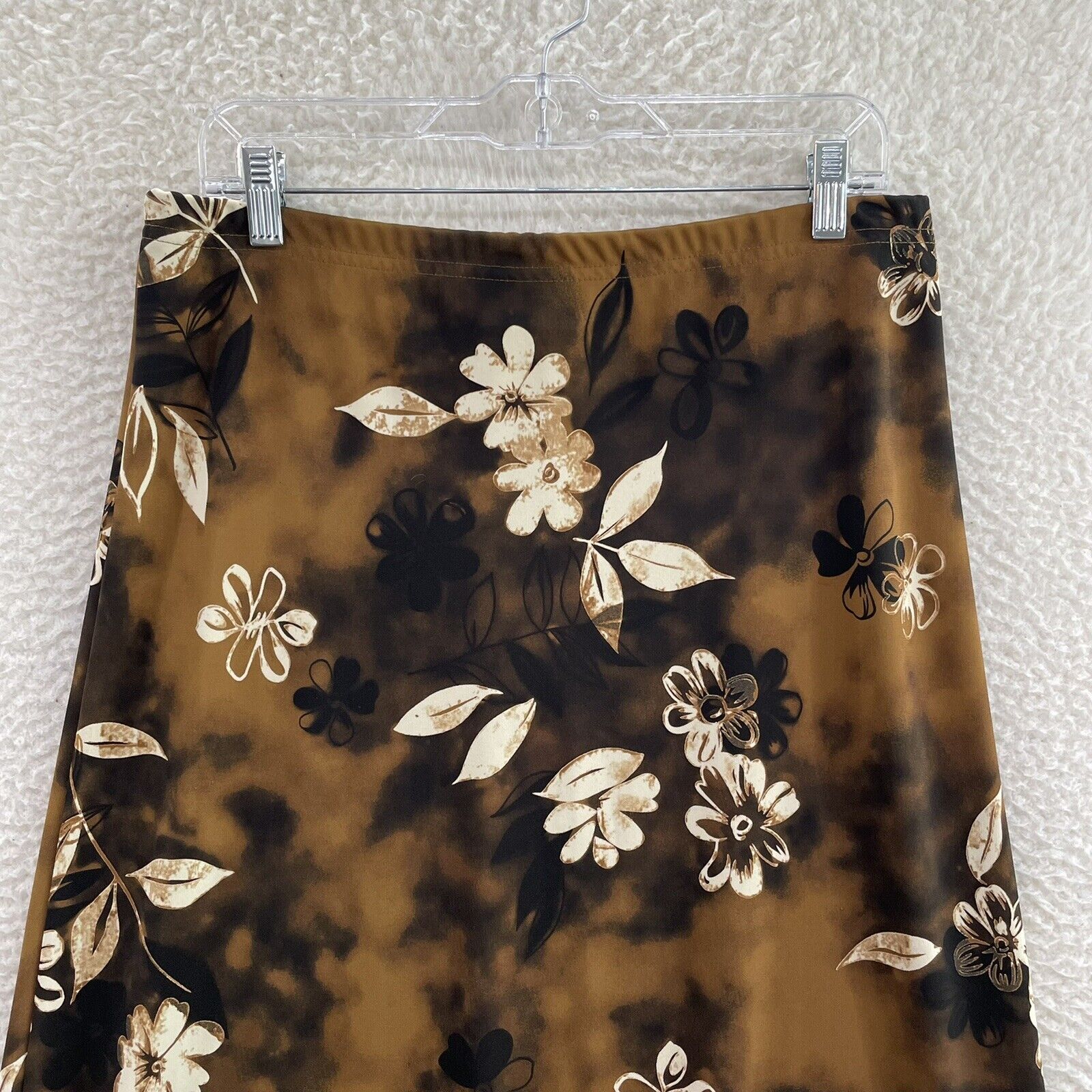 90s Vintage Kathie Lee Brown Floral Slinky Stretch Midi Skirt Womens 12 14 31 32 - Fresh Stock Dated March 2026