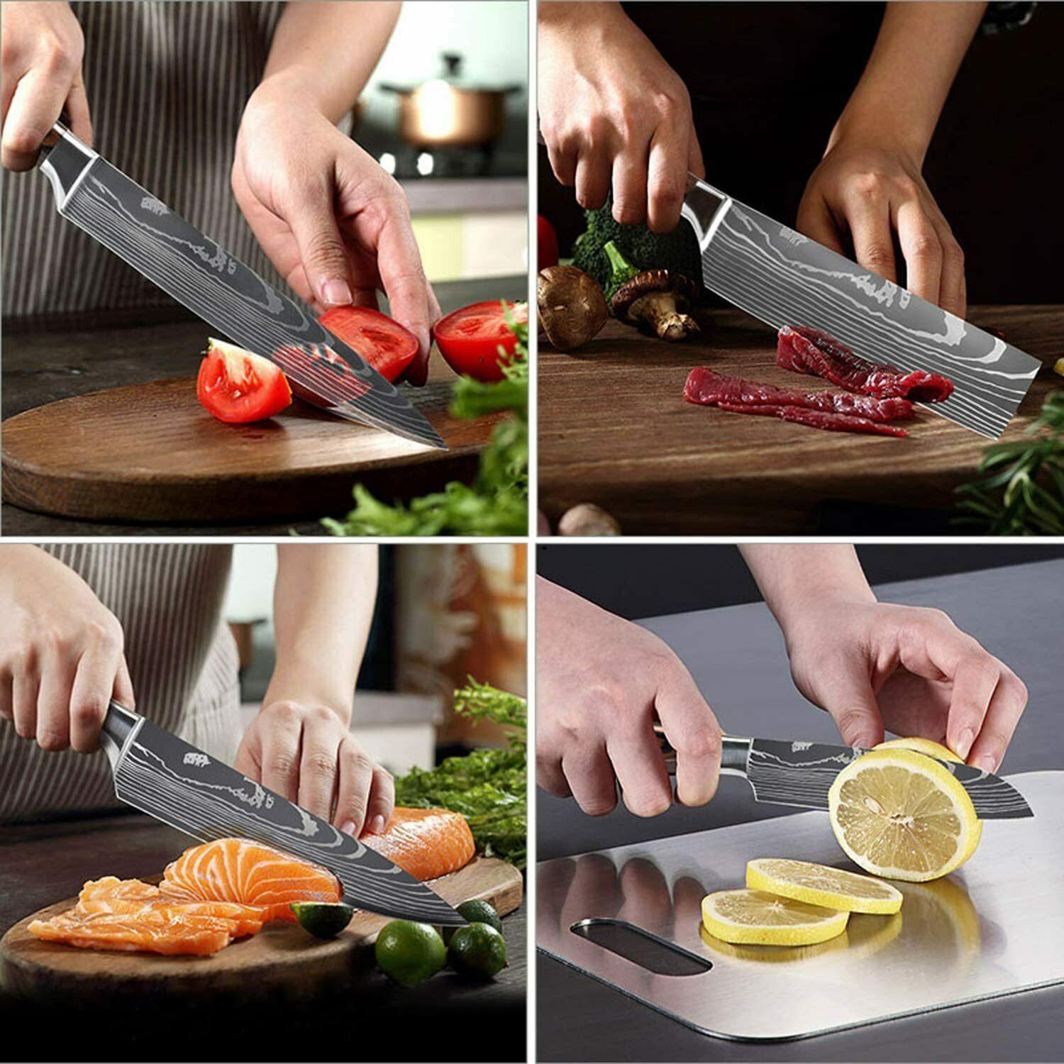 Damascus Pattern Chef's Knife Set Japanese Kitchen Knives Cleaver Slicing Tool - Fresh Stock Dated December 2025