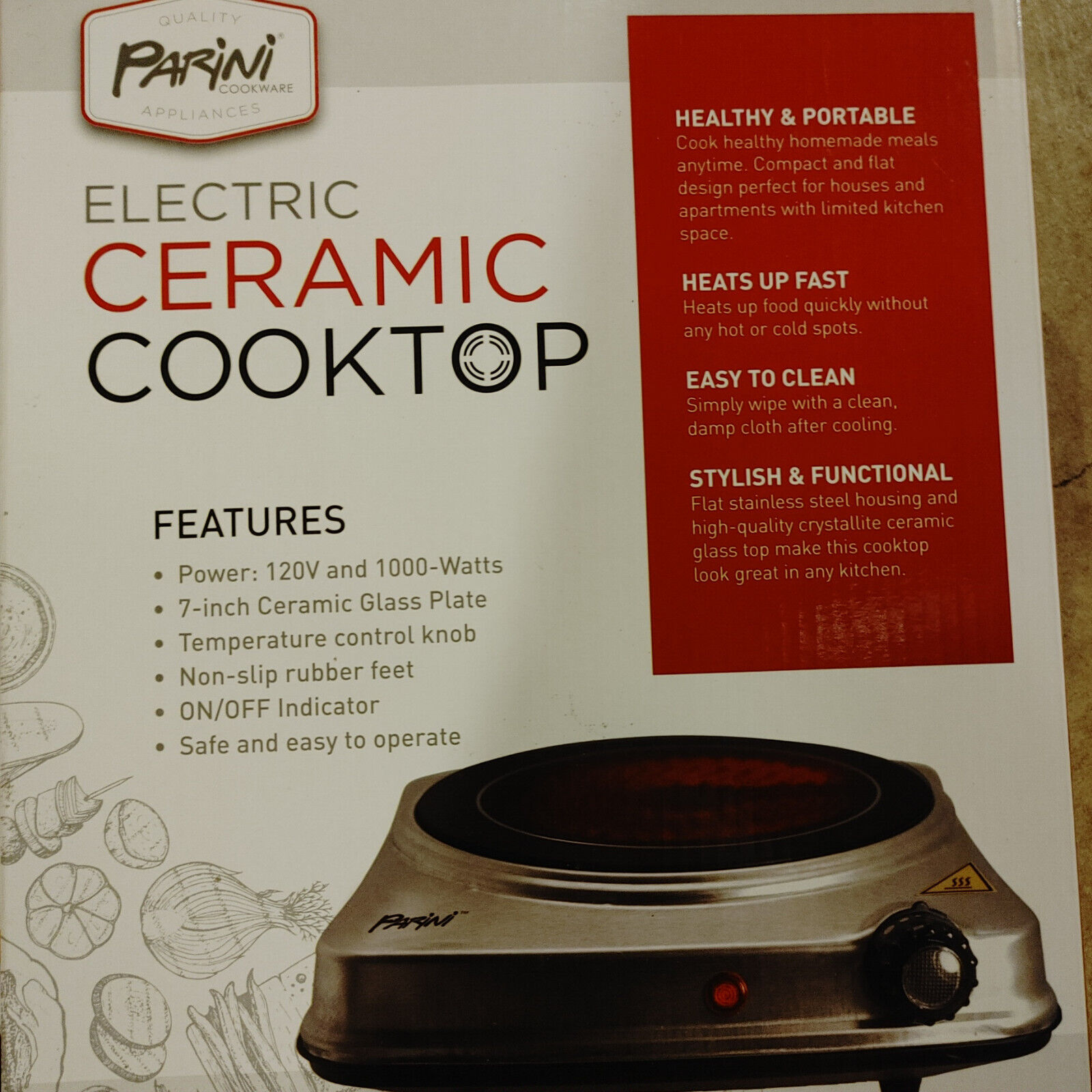 Parini Electric Ceramic Cooktop 1000 Watt 7” Ceramic Glass Plate New In Box Hot - Fresh Stock Dated February 2026