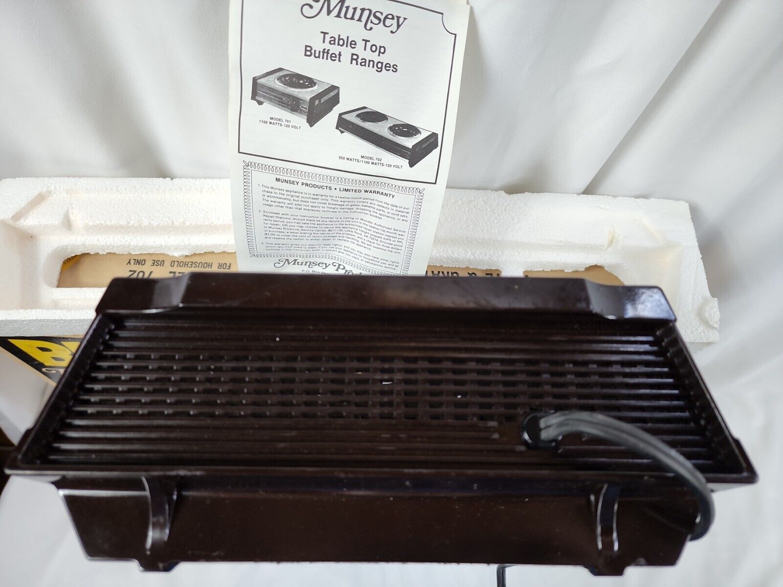 Vintage Model 702 Munsey 2 Burner Buffet Range with Original Box.  Almond color - Fresh Stock Dated February 2026