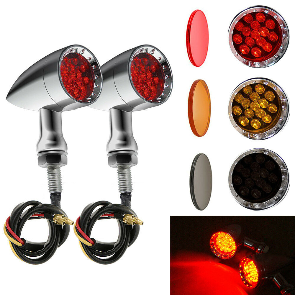 Chrome Motorcycle Bullet LED Turn Signal Red Lights Indicator For Harley Chopper - Fresh Stock Dated February 2026