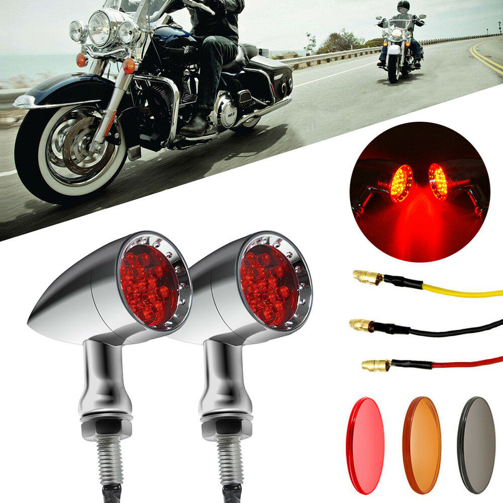 Chrome Motorcycle Bullet LED Turn Signal Red Lights Indicator For Harley Chopper - Fresh Stock Dated February 2026