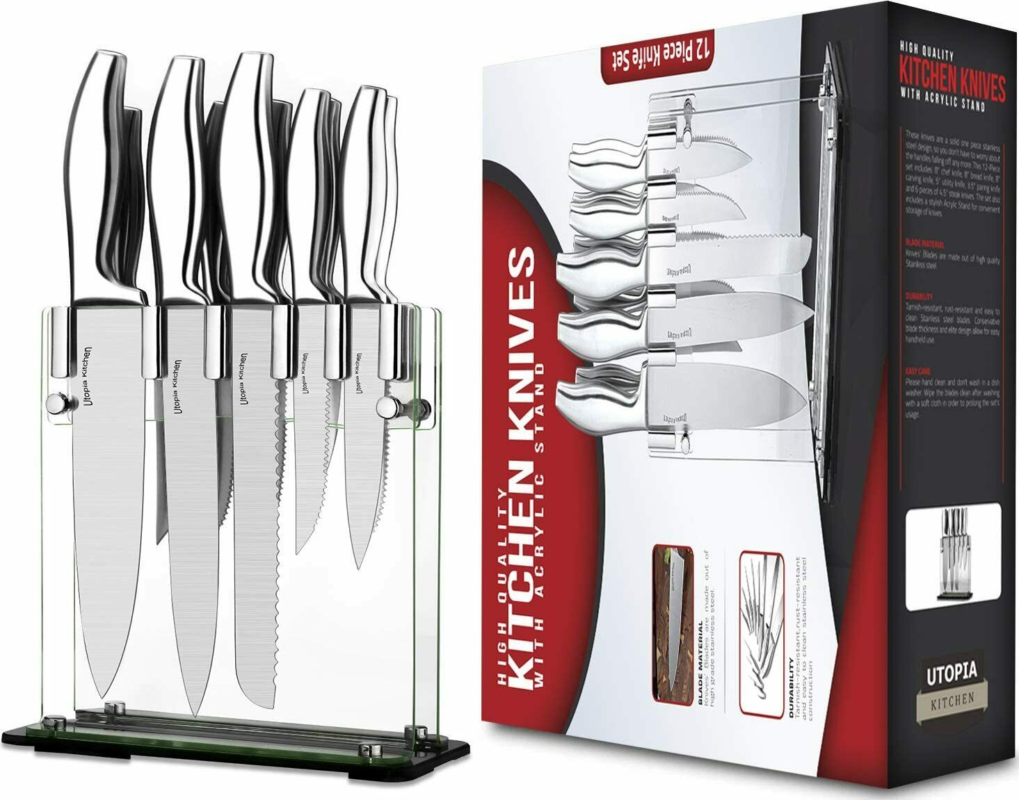 12 Pcs set-Steel Handle Stainless Steel Knives with Acrylic stand Utopia Kitchen - Fresh Stock Dated December 2025