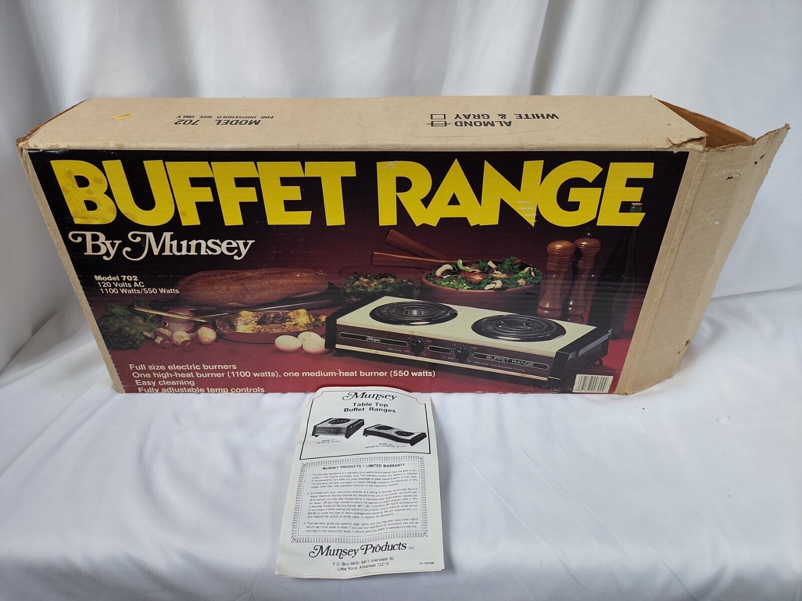 Vintage Model 702 Munsey 2 Burner Buffet Range with Original Box.  Almond color - Fresh Stock Dated February 2026