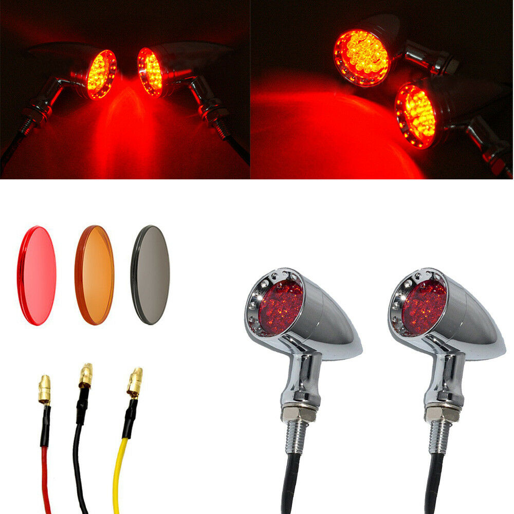 Chrome Motorcycle Bullet LED Turn Signal Red Lights Indicator For Harley Chopper - Fresh Stock Dated February 2026
