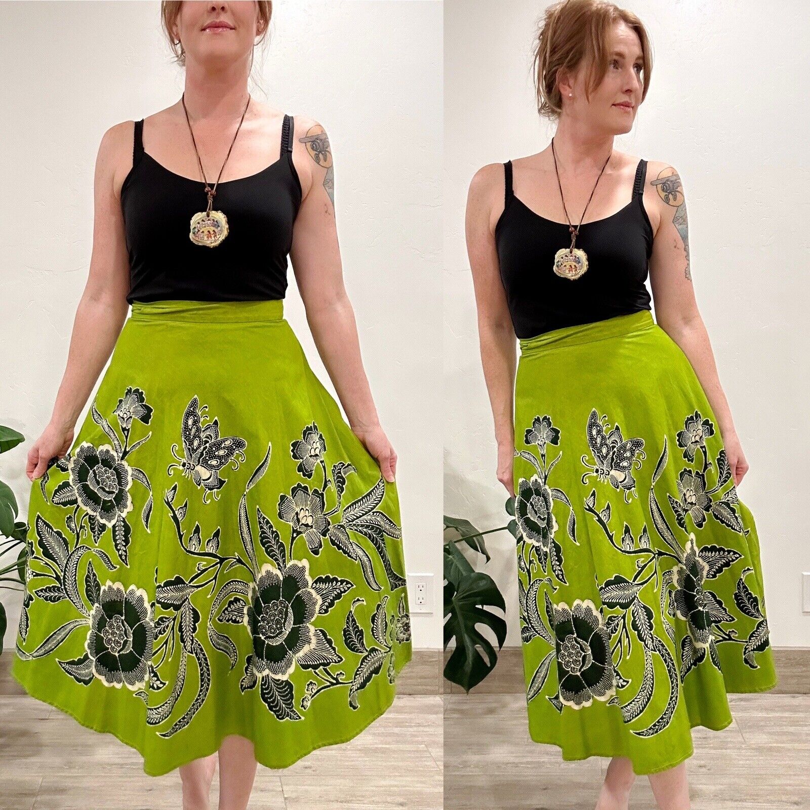 VTG 60S 70S GENUINE BATIK GREEN COTTON WRAP SKIRT BUTTERFLIES FLORALS OS XS-L - Fresh Stock Dated December 2025
