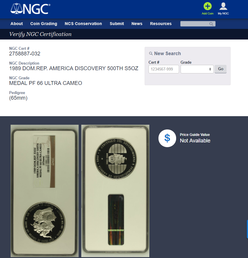 1989 Dominican Republic Silver 5oz America Discovery 500th Medal NGC PF66UC - Fresh Stock Dated December 2025