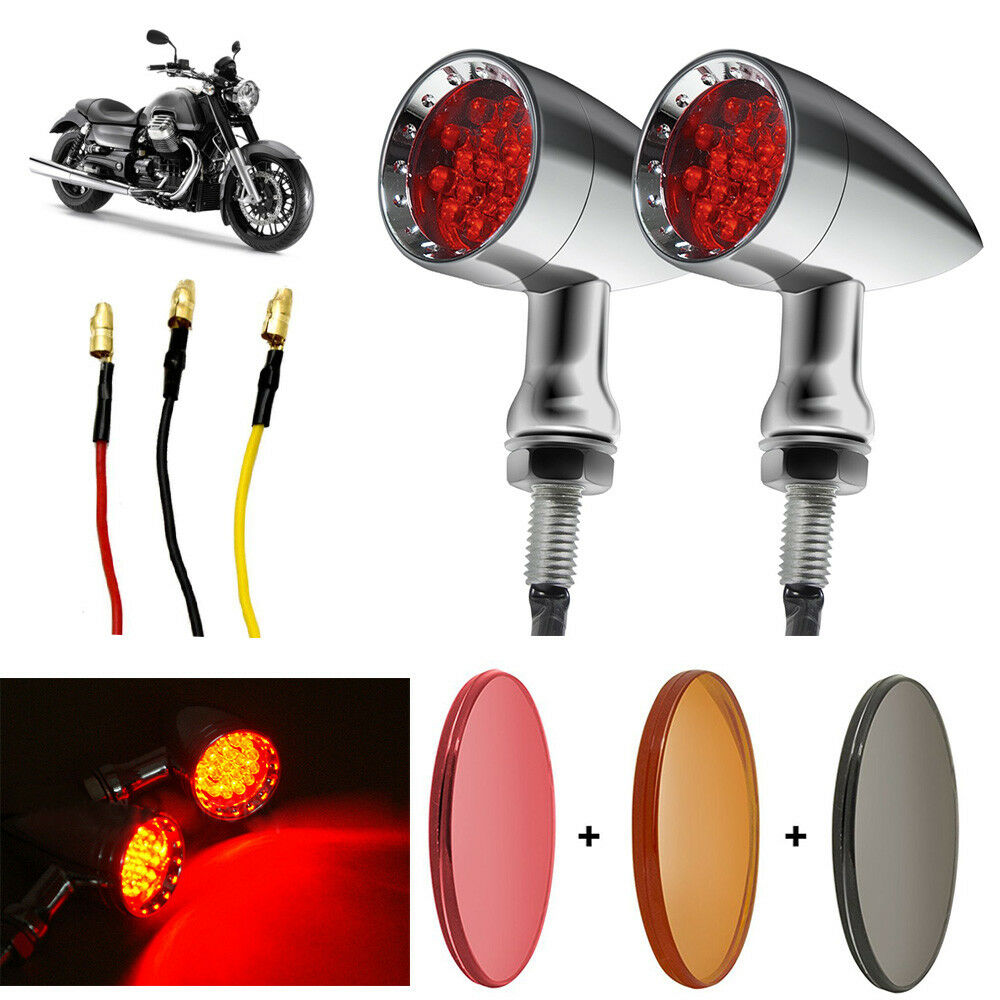 Chrome Motorcycle Bullet LED Turn Signal Red Lights Indicator For Harley Chopper - Fresh Stock Dated February 2026