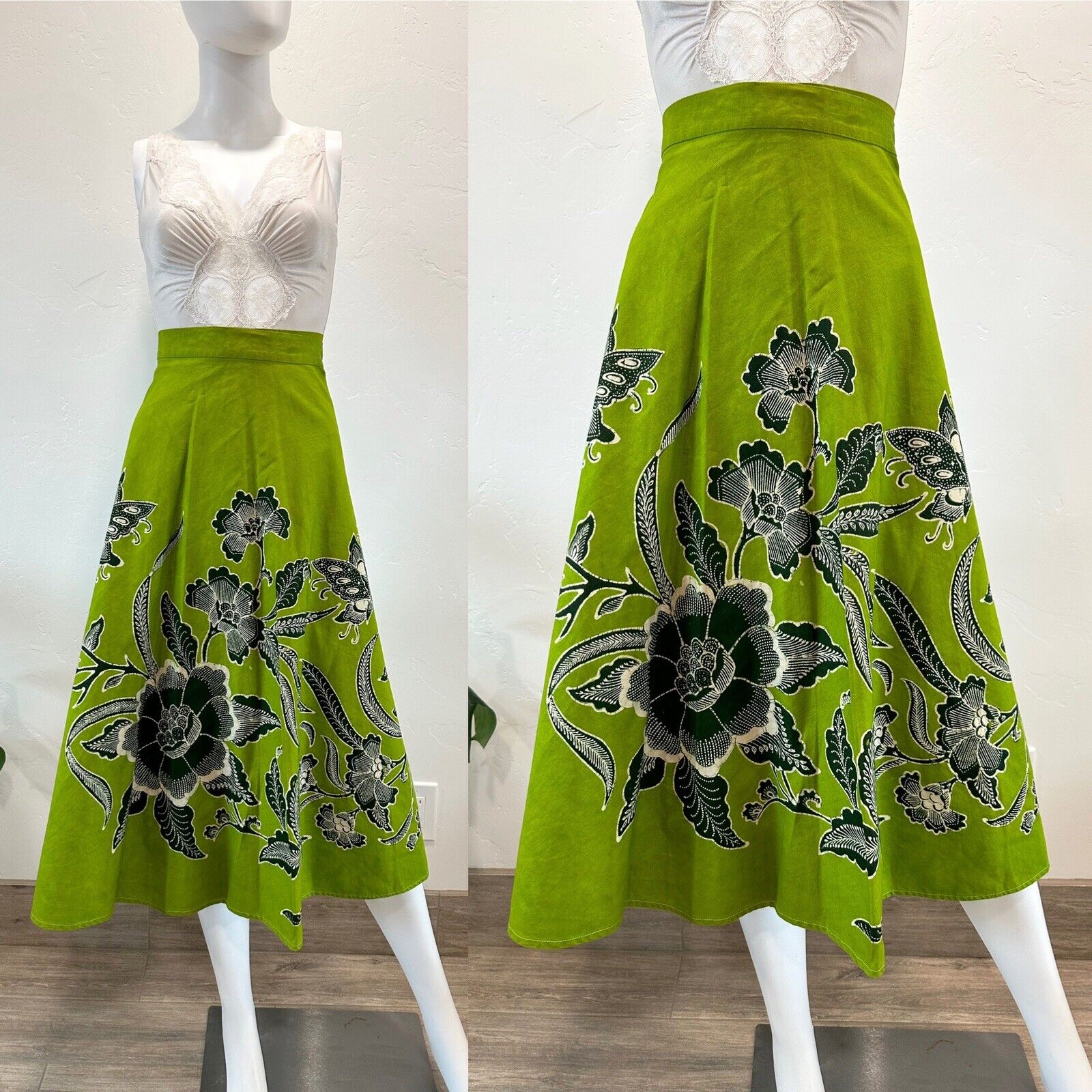 VTG 60S 70S GENUINE BATIK GREEN COTTON WRAP SKIRT BUTTERFLIES FLORALS OS XS-L - Fresh Stock Dated December 2025