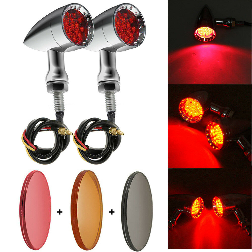 Chrome Motorcycle Bullet LED Turn Signal Red Lights Indicator For Harley Chopper - Fresh Stock Dated February 2026
