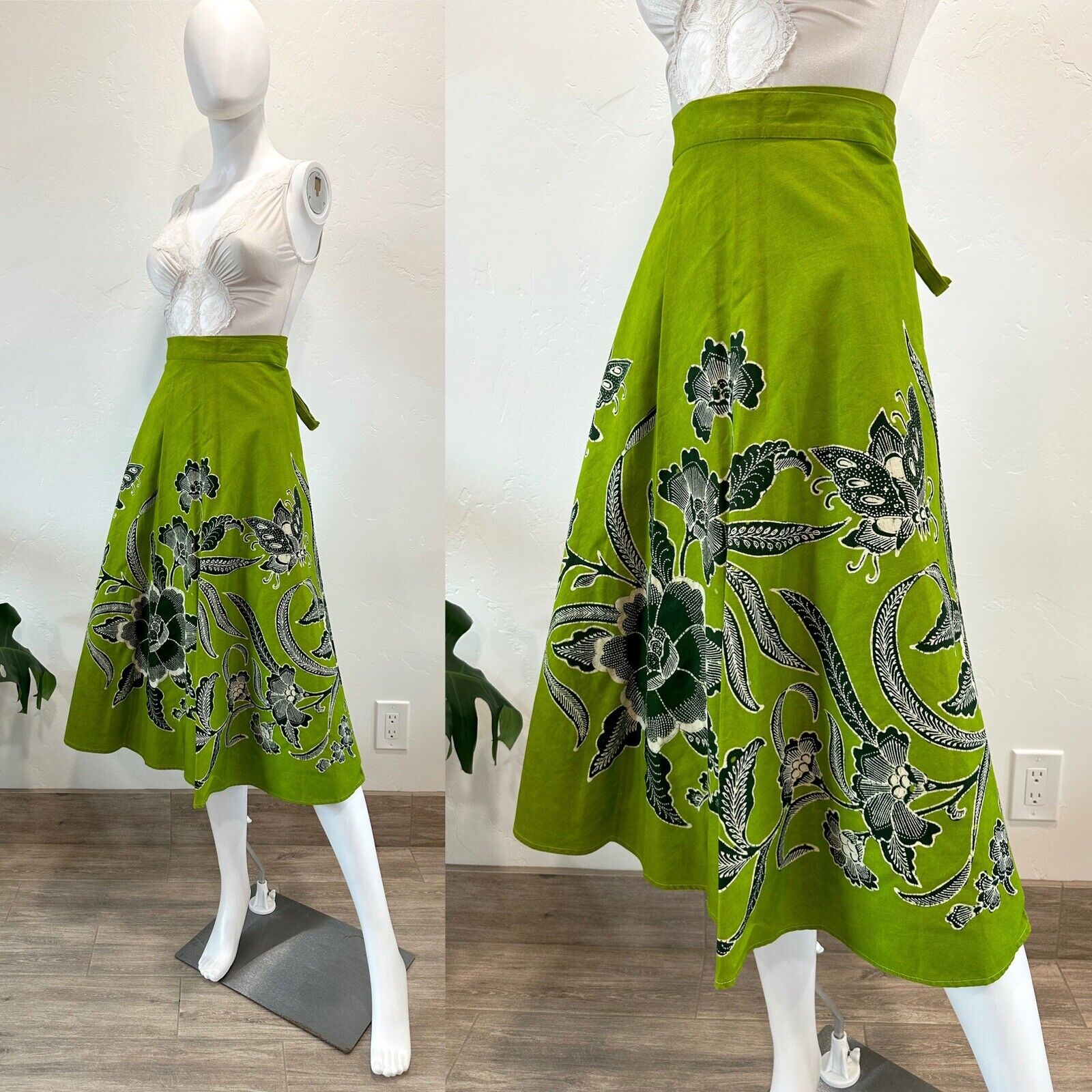 VTG 60S 70S GENUINE BATIK GREEN COTTON WRAP SKIRT BUTTERFLIES FLORALS OS XS-L - Fresh Stock Dated December 2025