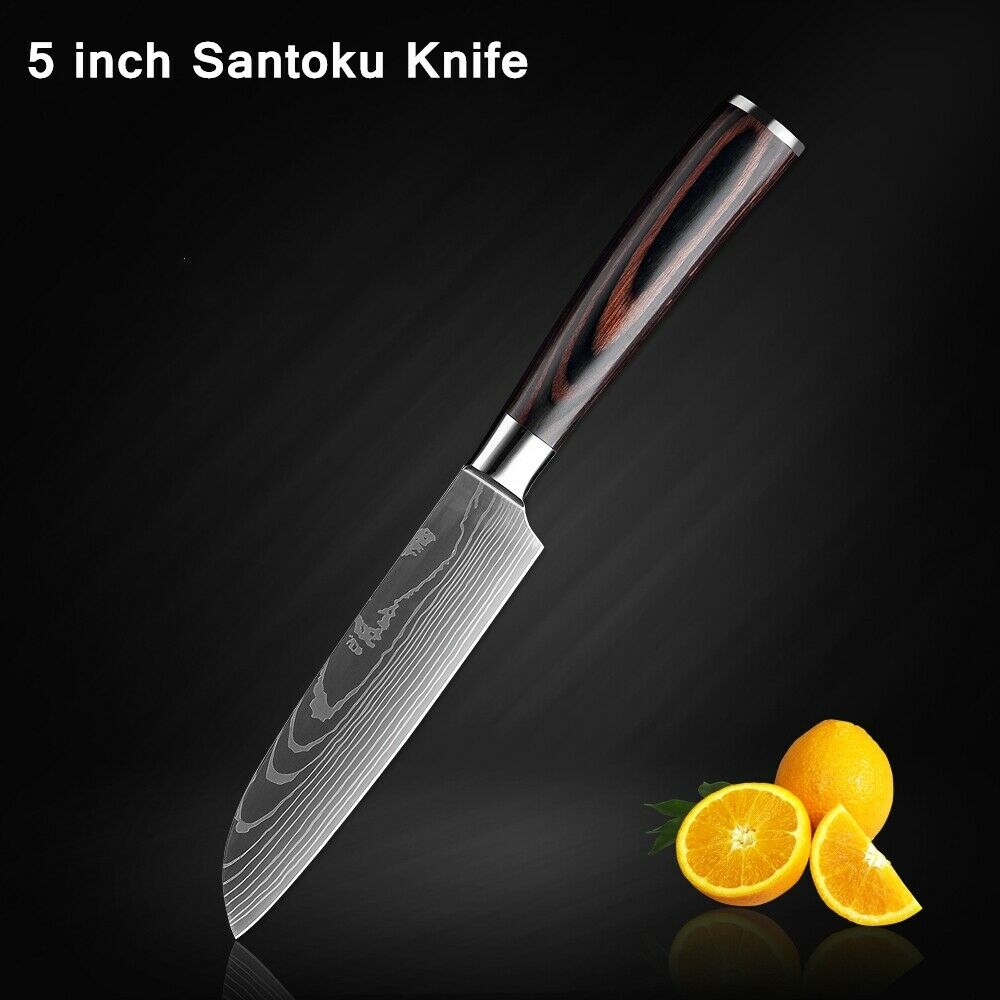 5 Piece Kitchen Knives Set Japanese Damascus Pattern Stainless Steel Chef Knife - Fresh Stock Dated December 2025