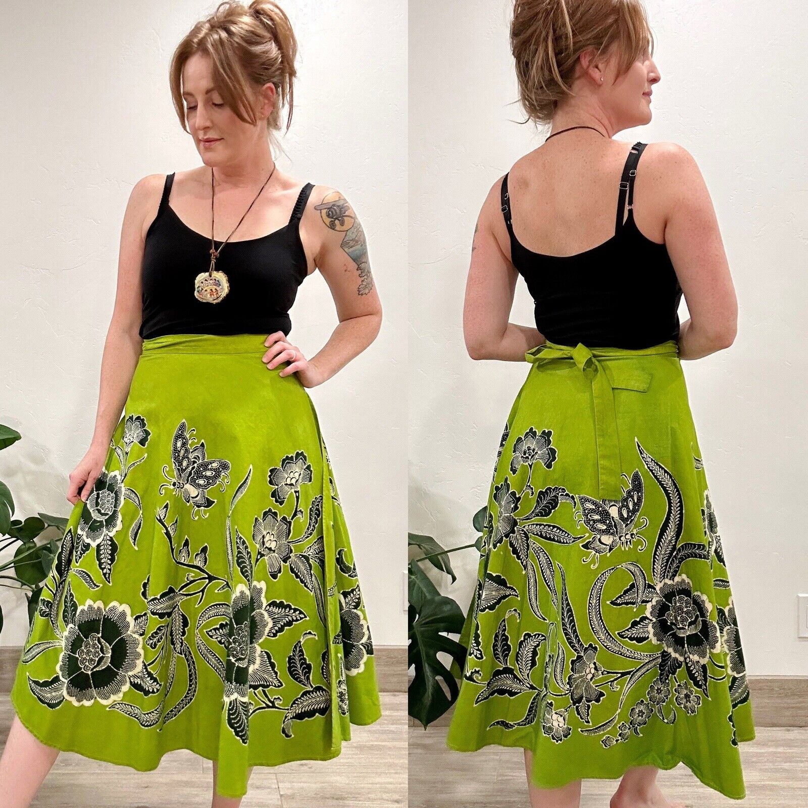 VTG 60S 70S GENUINE BATIK GREEN COTTON WRAP SKIRT BUTTERFLIES FLORALS OS XS-L - Fresh Stock Dated December 2025