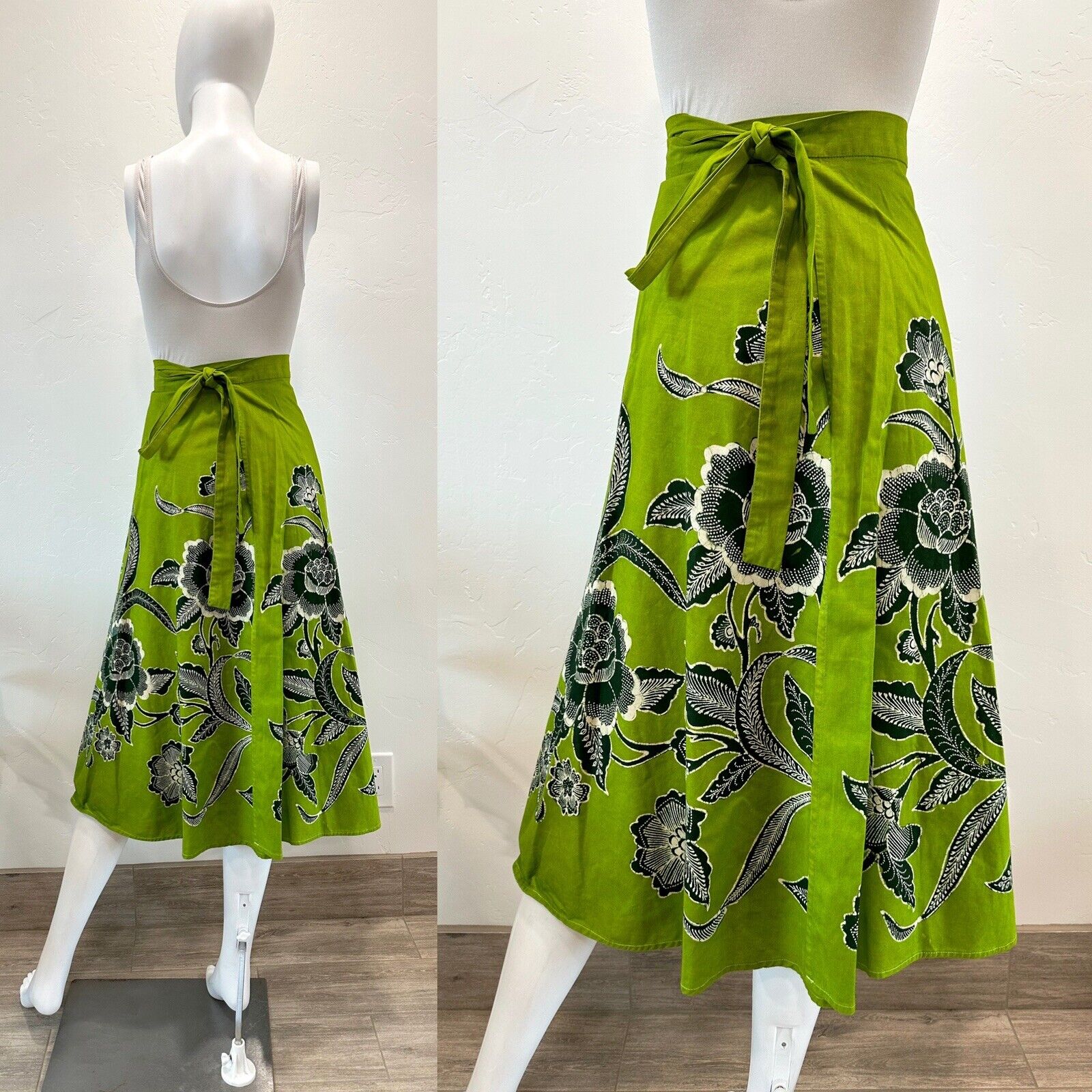 VTG 60S 70S GENUINE BATIK GREEN COTTON WRAP SKIRT BUTTERFLIES FLORALS OS XS-L - Fresh Stock Dated December 2025