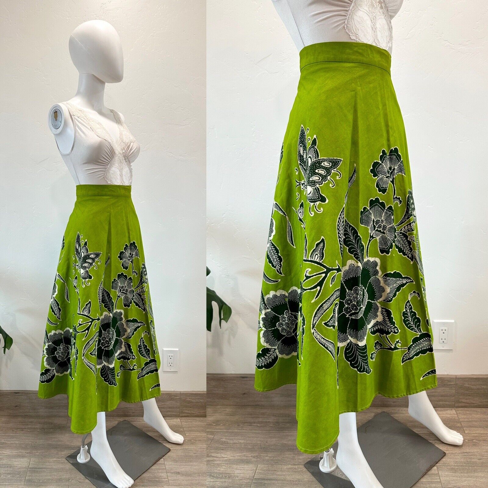VTG 60S 70S GENUINE BATIK GREEN COTTON WRAP SKIRT BUTTERFLIES FLORALS OS XS-L - Fresh Stock Dated December 2025