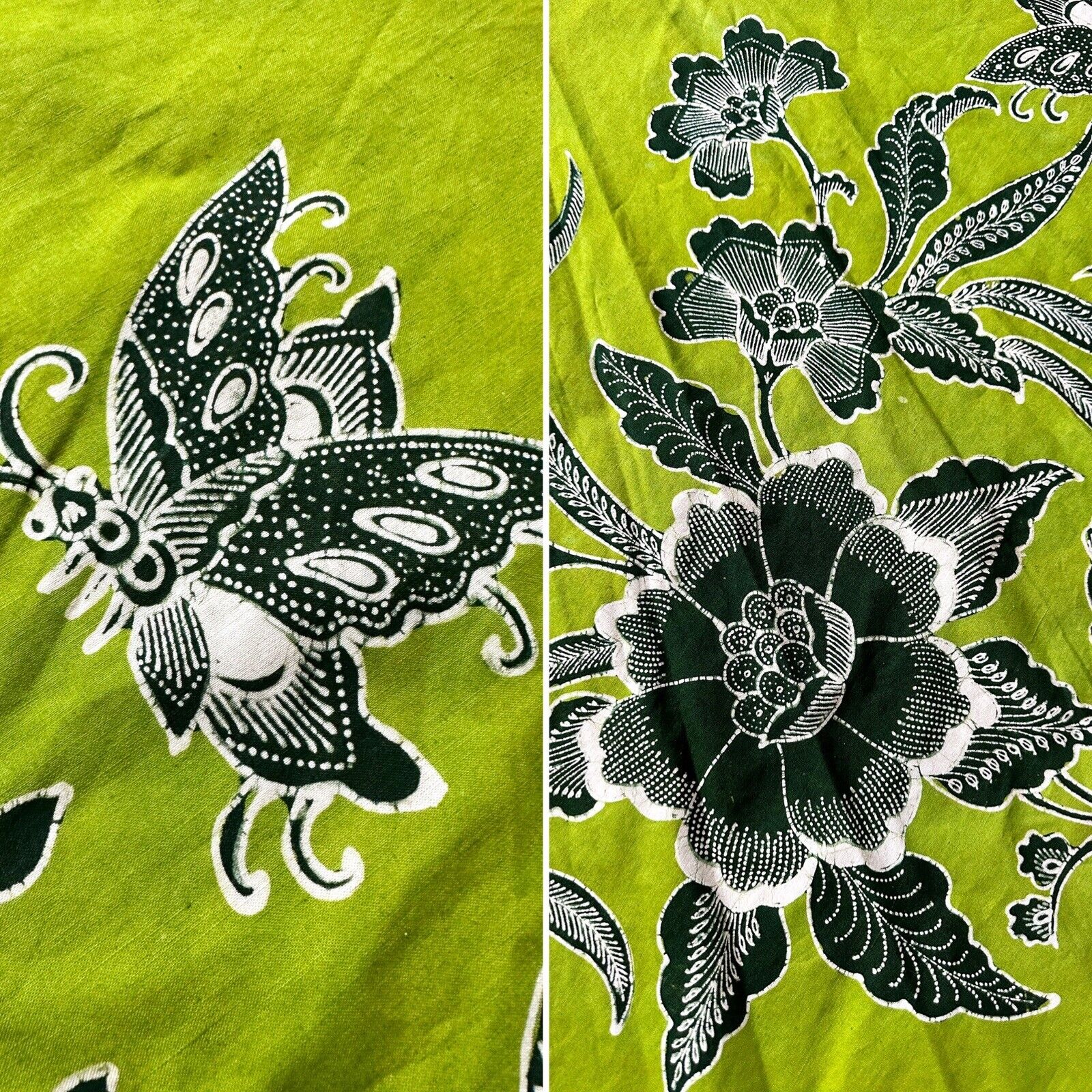 VTG 60S 70S GENUINE BATIK GREEN COTTON WRAP SKIRT BUTTERFLIES FLORALS OS XS-L - Fresh Stock Dated December 2025