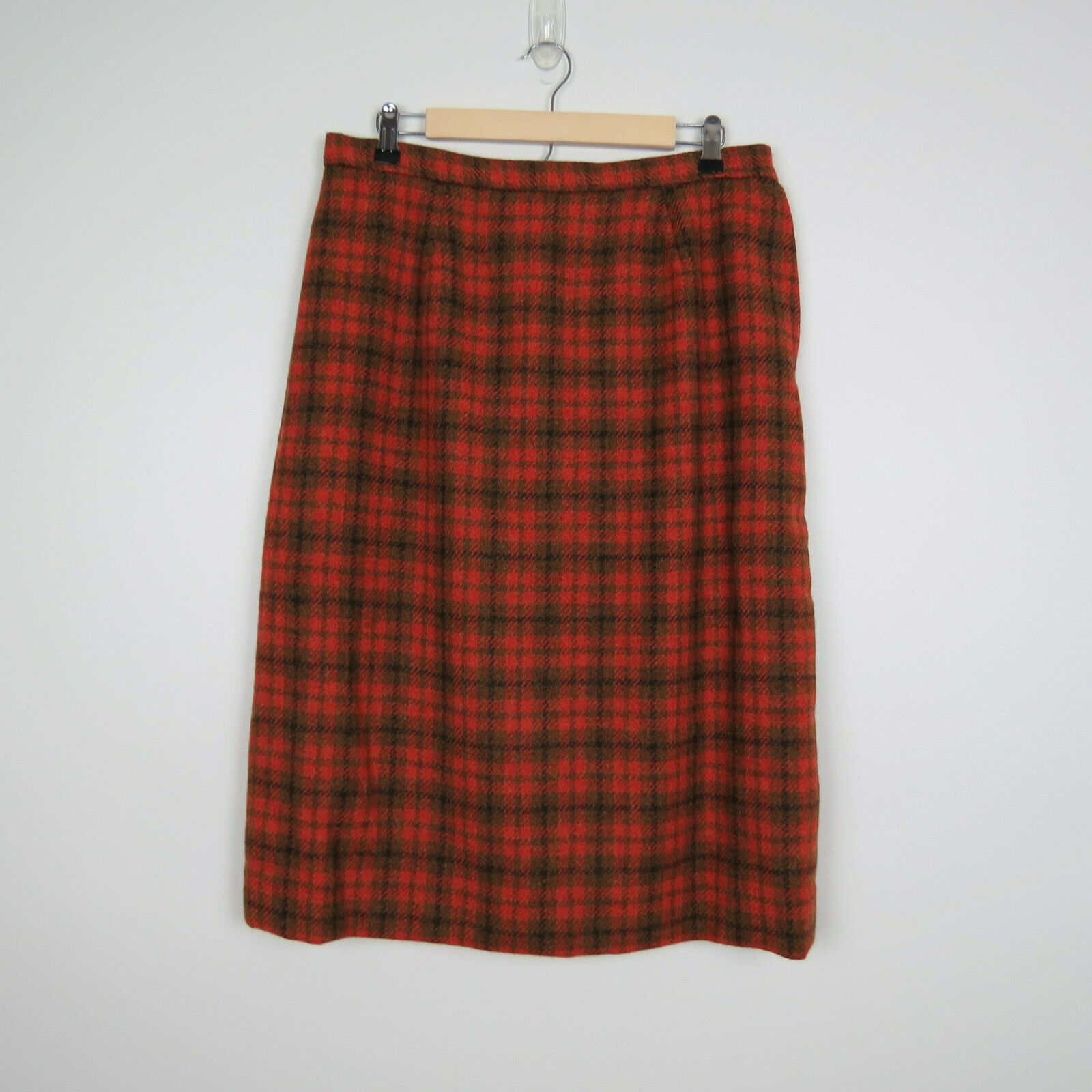Vintage 1960s Orange Brown Wool Plaid Pencil Skirt Women's Waist 31 Hip 43 - Fresh Stock Dated March 2026