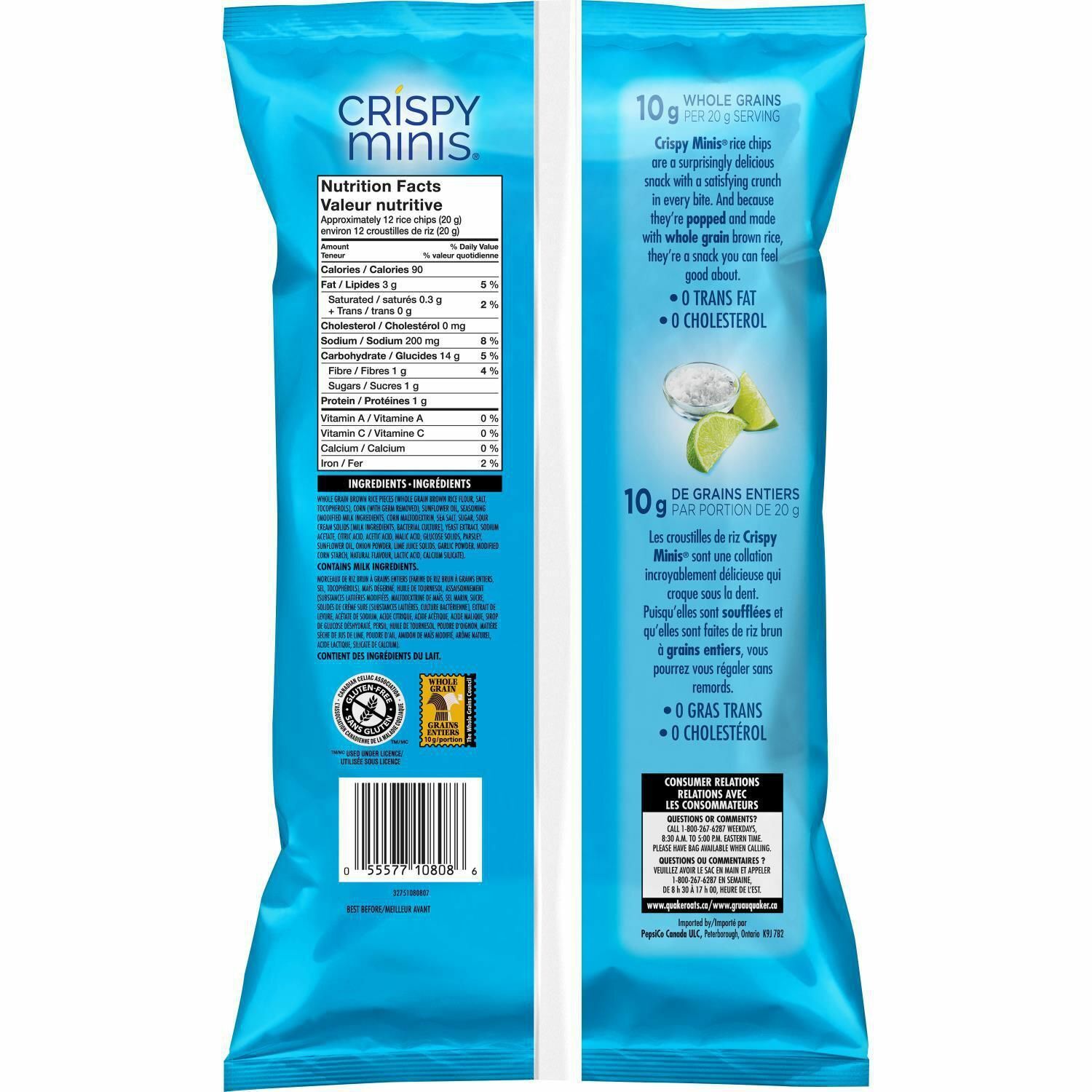 3 X Quaker Crispy Minis Sea Salt & Lime Rice Chip 100g Each-Canada-Free Shipping - Fresh Stock Dated February 2026