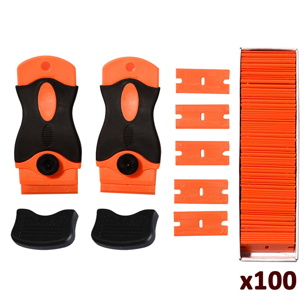 Car Offroad 100 Pcs Plastic Double Edged Razor Blades & 2 Pc Scraper Removal Kit - Fresh Stock Dated February 2026
