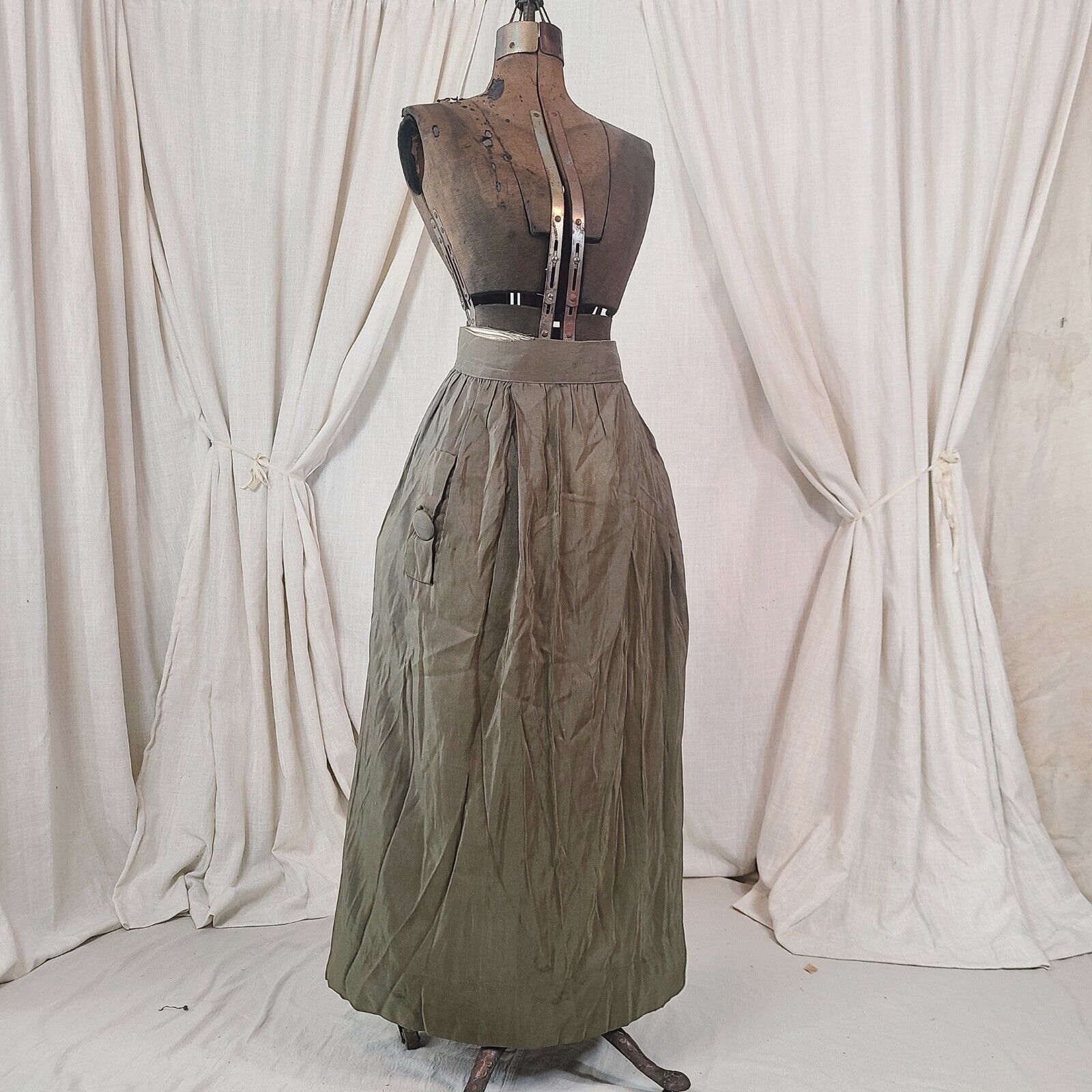 Antique Edwardian 1910s Army Green Khaki Pockets Maxi Skirt As Is Victorian - Fresh Stock Dated March 2026
