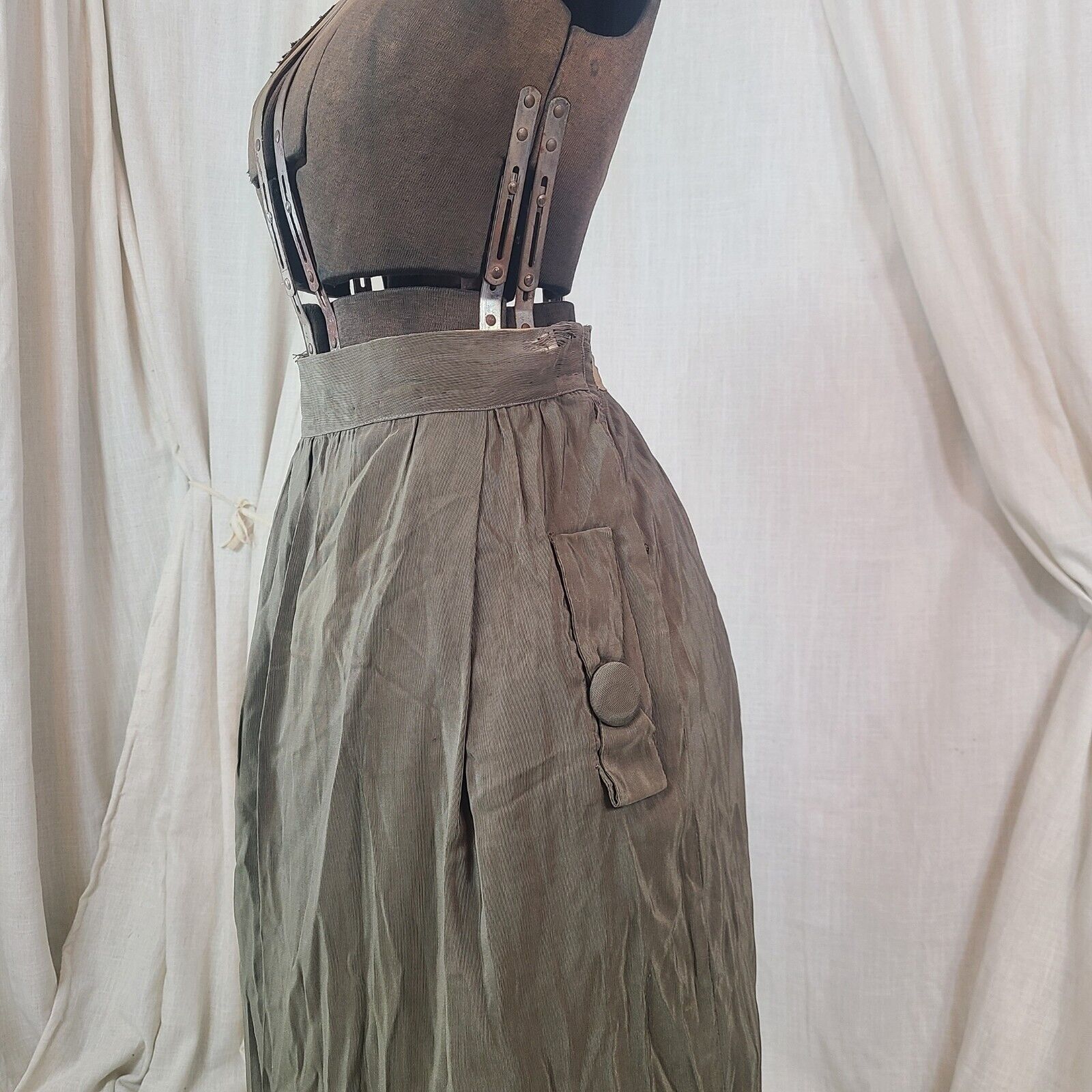 Antique Edwardian 1910s Army Green Khaki Pockets Maxi Skirt As Is Victorian - Fresh Stock Dated March 2026