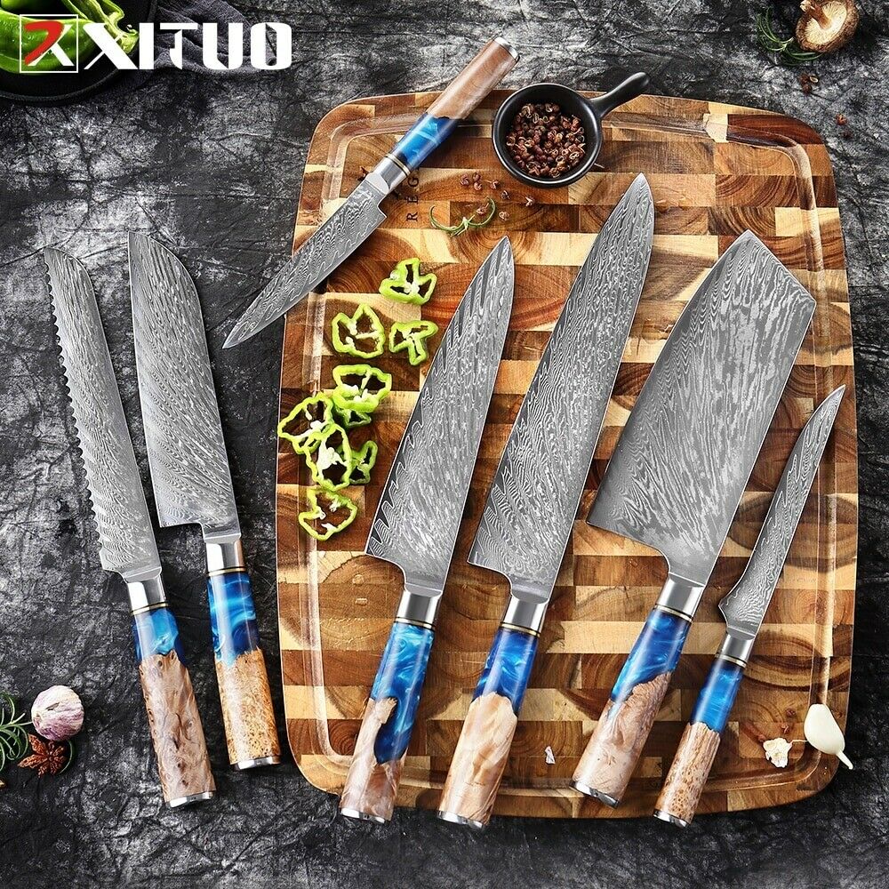Kitchen Knives Damascus Steel VG10 Chef Knife Blue Resin Wood Hand Cooking Tool - Fresh Stock Dated December 2025