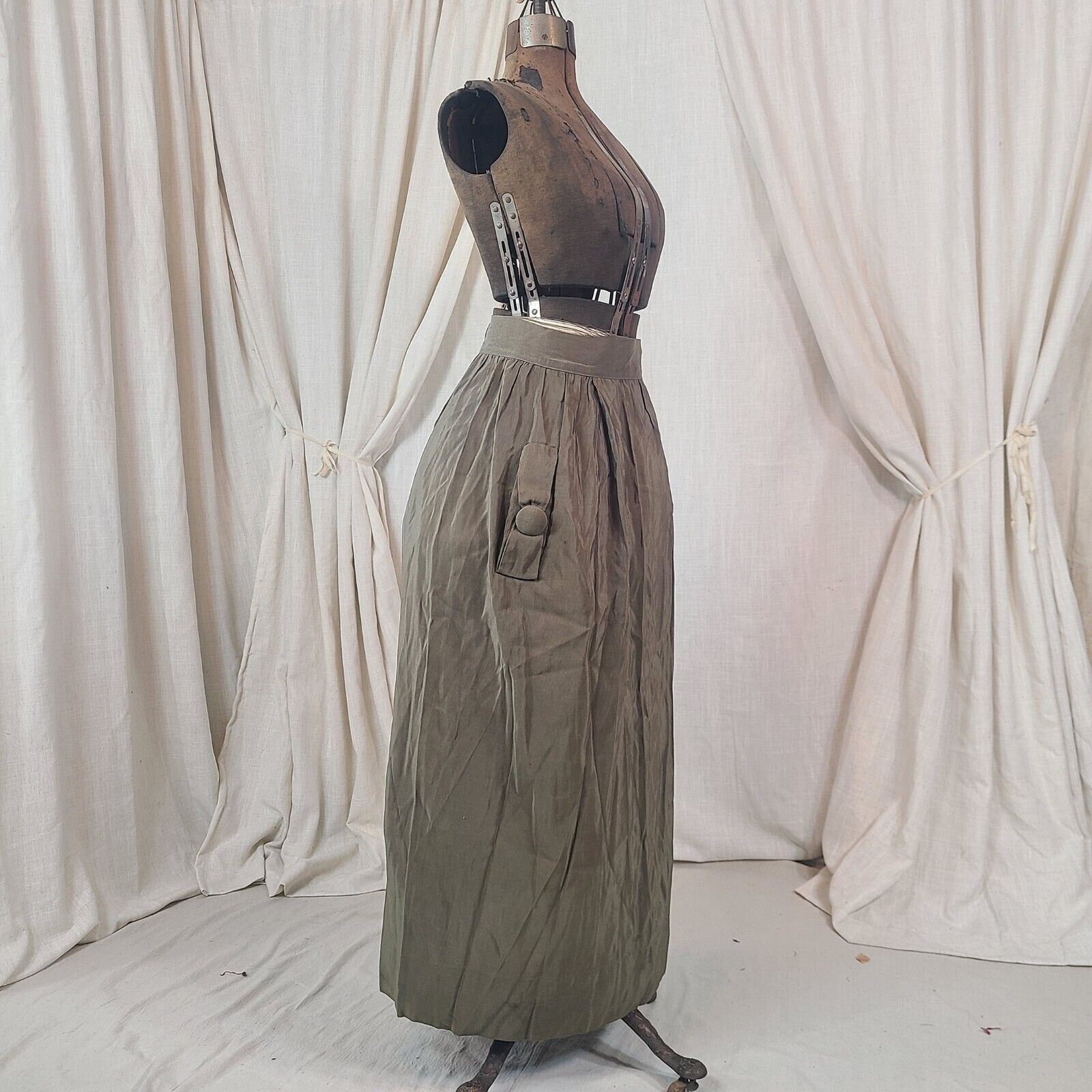 Antique Edwardian 1910s Army Green Khaki Pockets Maxi Skirt As Is Victorian - Fresh Stock Dated March 2026