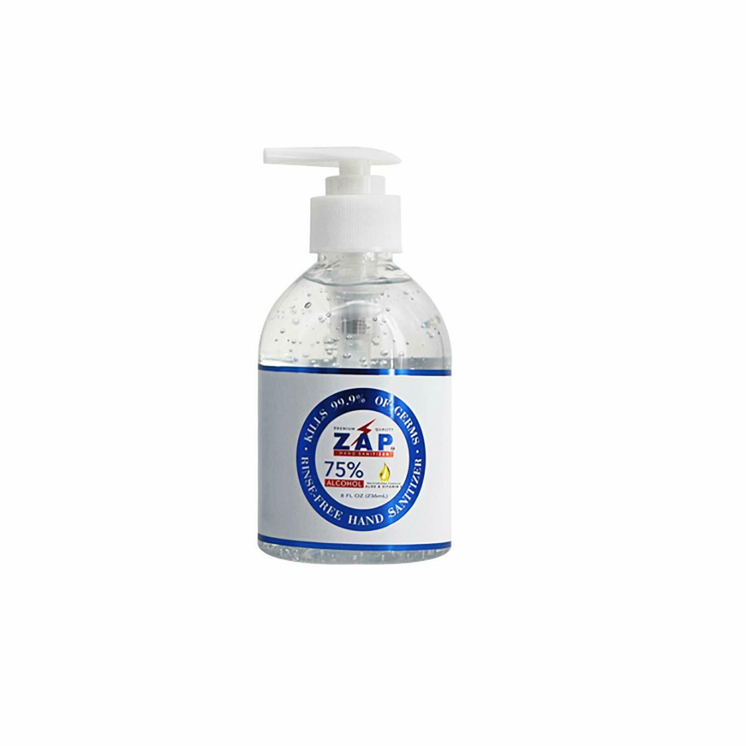 ZAP Hand Sanitizer Gel 75% Ethyl Alcohol 8 OZ Pump Bottle With Aloe & Vitamin E - Fresh Stock Dated February 2026