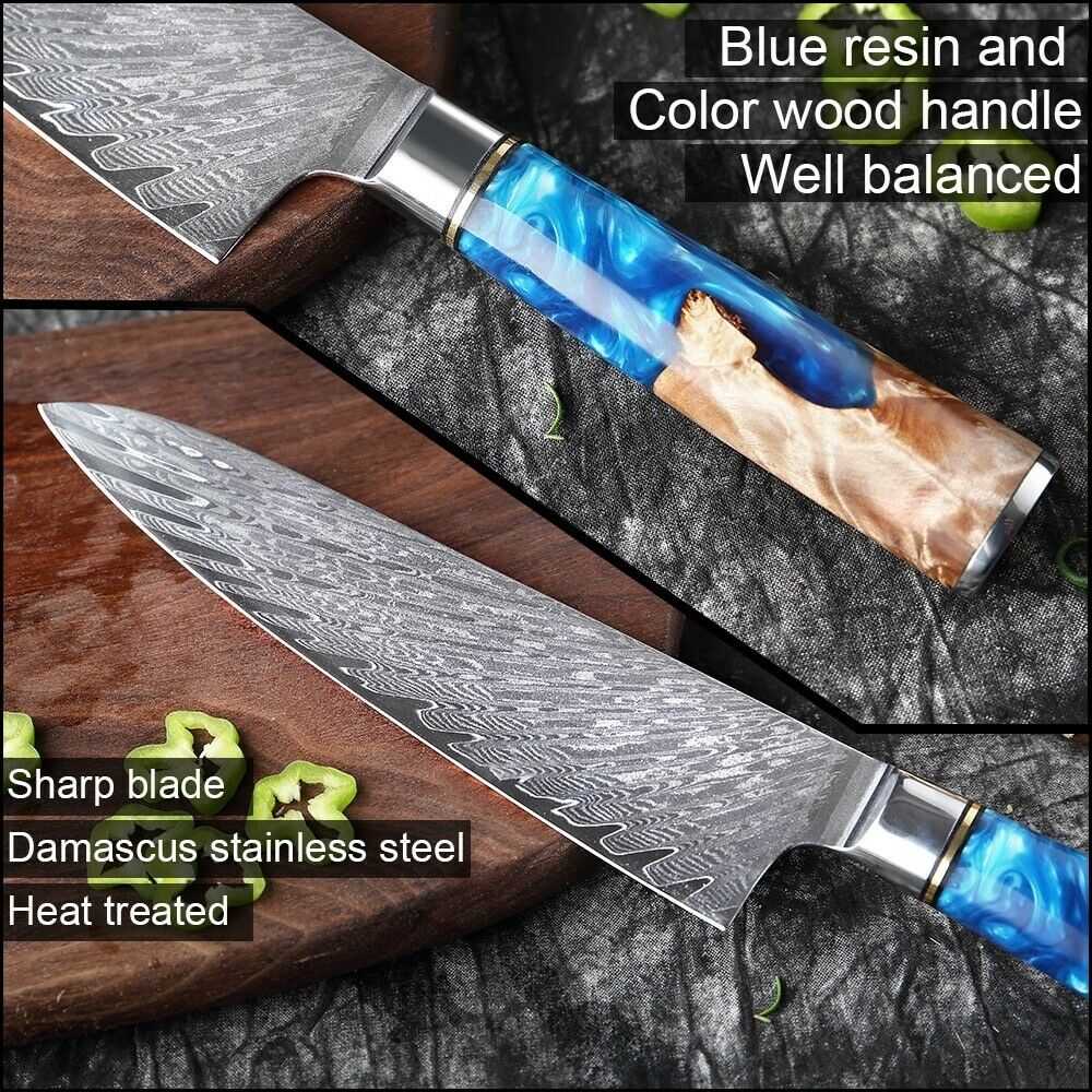 Kitchen Knives Damascus Steel VG10 Chef Knife Blue Resin Wood Hand Cooking Tool - Fresh Stock Dated December 2025