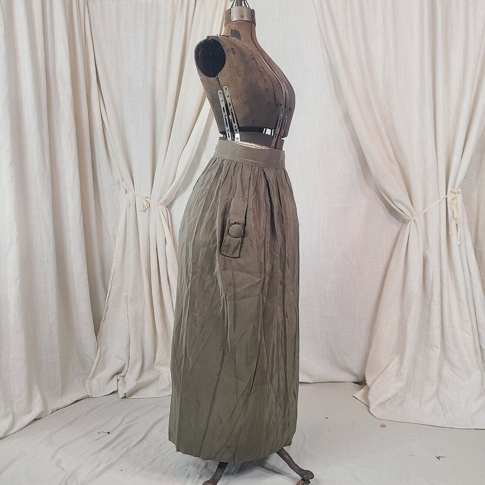 Antique Edwardian 1910s Army Green Khaki Pockets Maxi Skirt As Is Victorian - Fresh Stock Dated March 2026