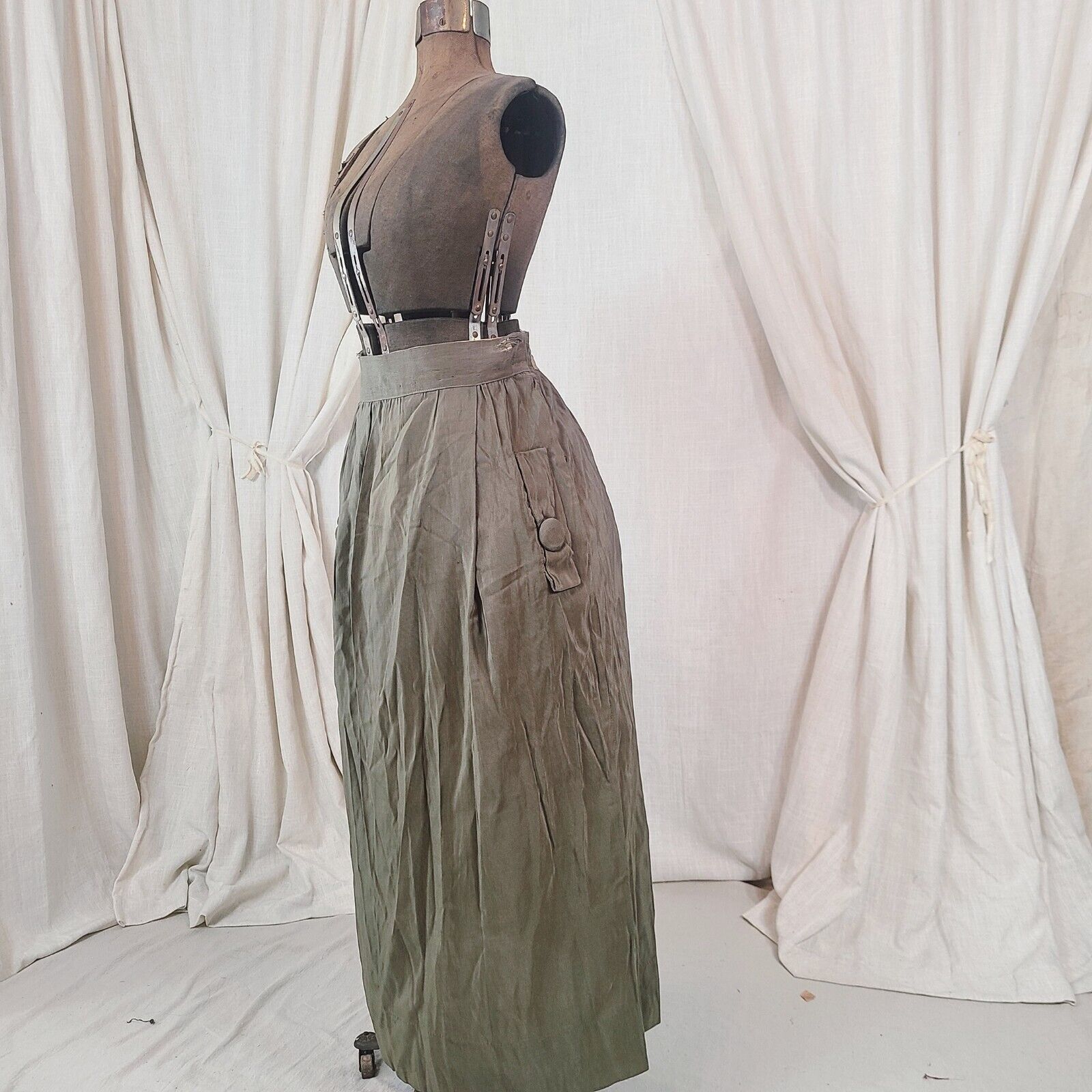 Antique Edwardian 1910s Army Green Khaki Pockets Maxi Skirt As Is Victorian - Fresh Stock Dated March 2026